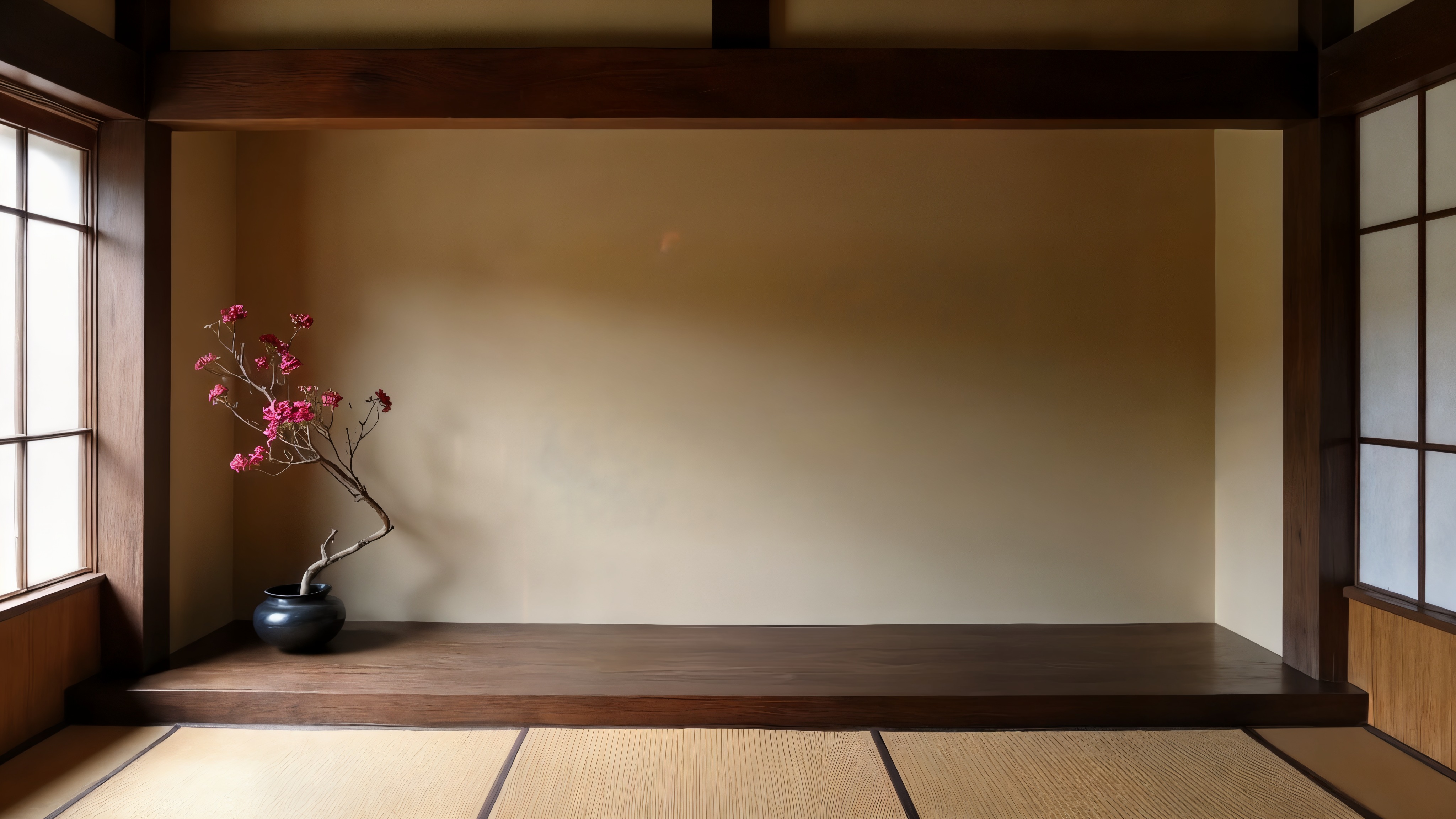 A Japanese washitsu alcove with a hanging scroll, flowers, and shoji screens.